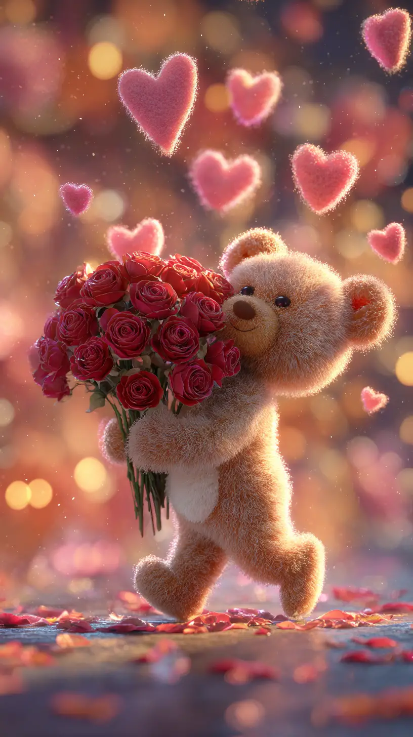 Osito de peluche adorable con rosas rojas en un sendero luminoso