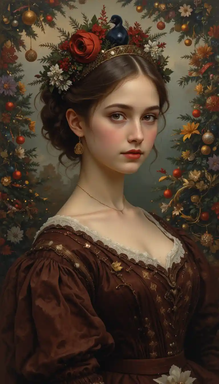 Victorian girl portrait in a festive holiday oil painting