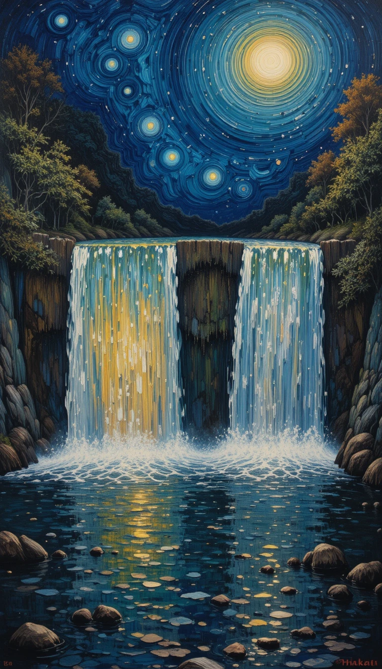 Twin waterfalls flowing into a surreal river at night