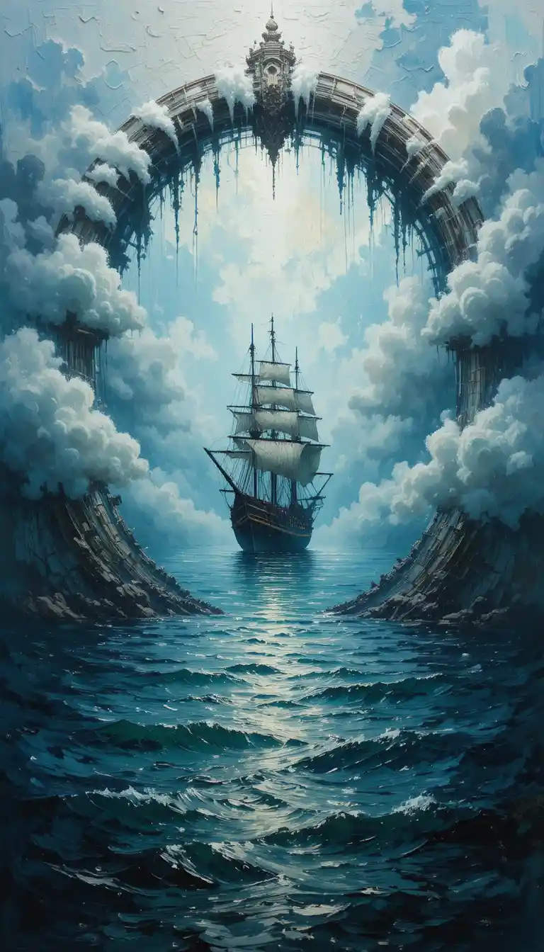 Mysterious ocean portal with derelict ship beyond fog