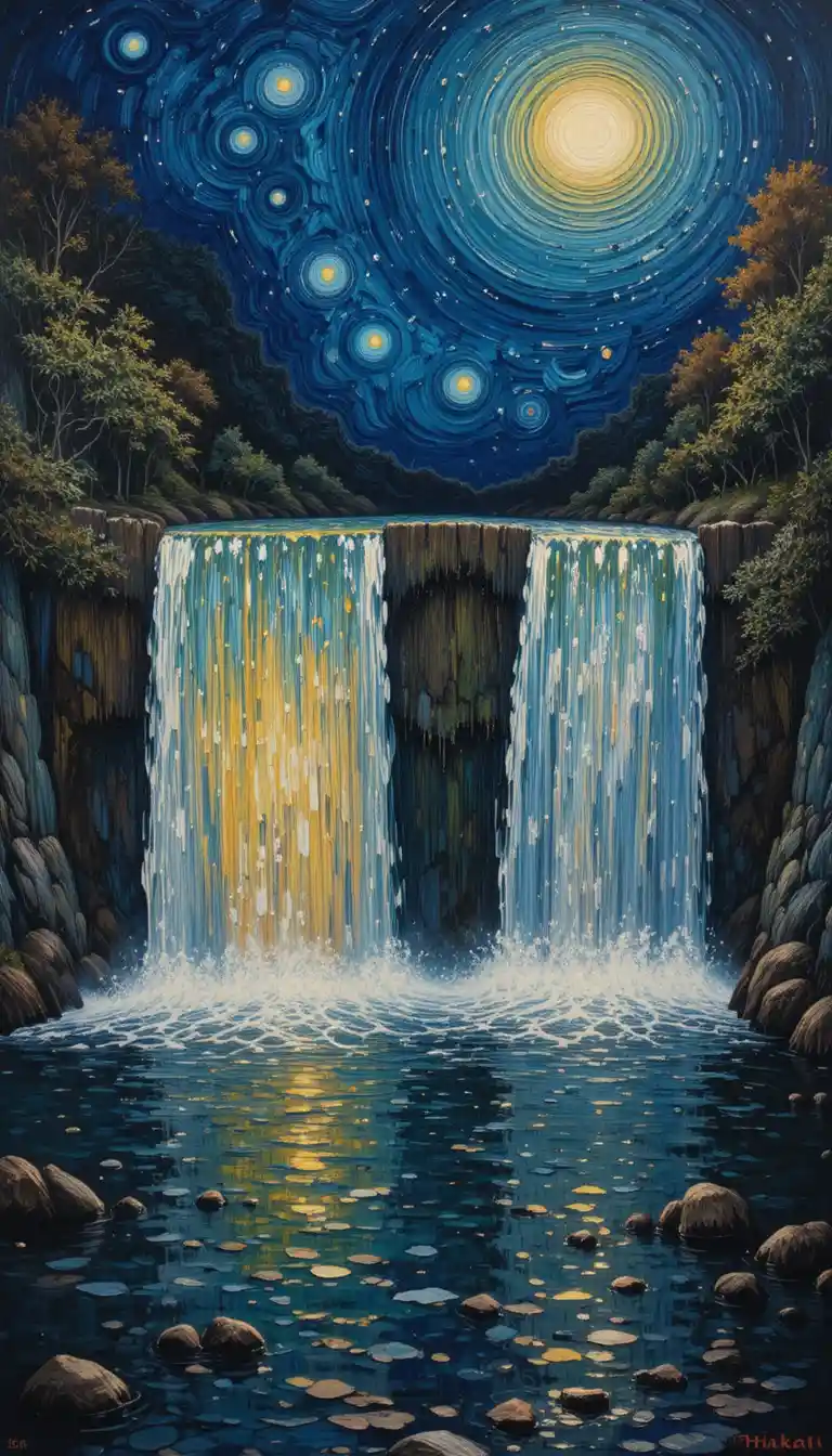Twin waterfalls flowing into a surreal river at night