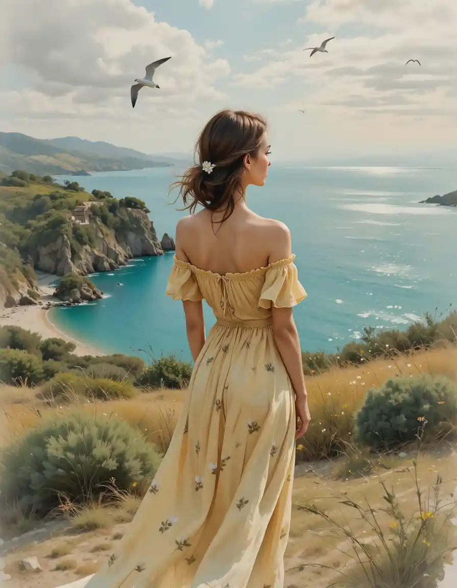 Woman in yellow dress on Tuscan hill overlooking sea