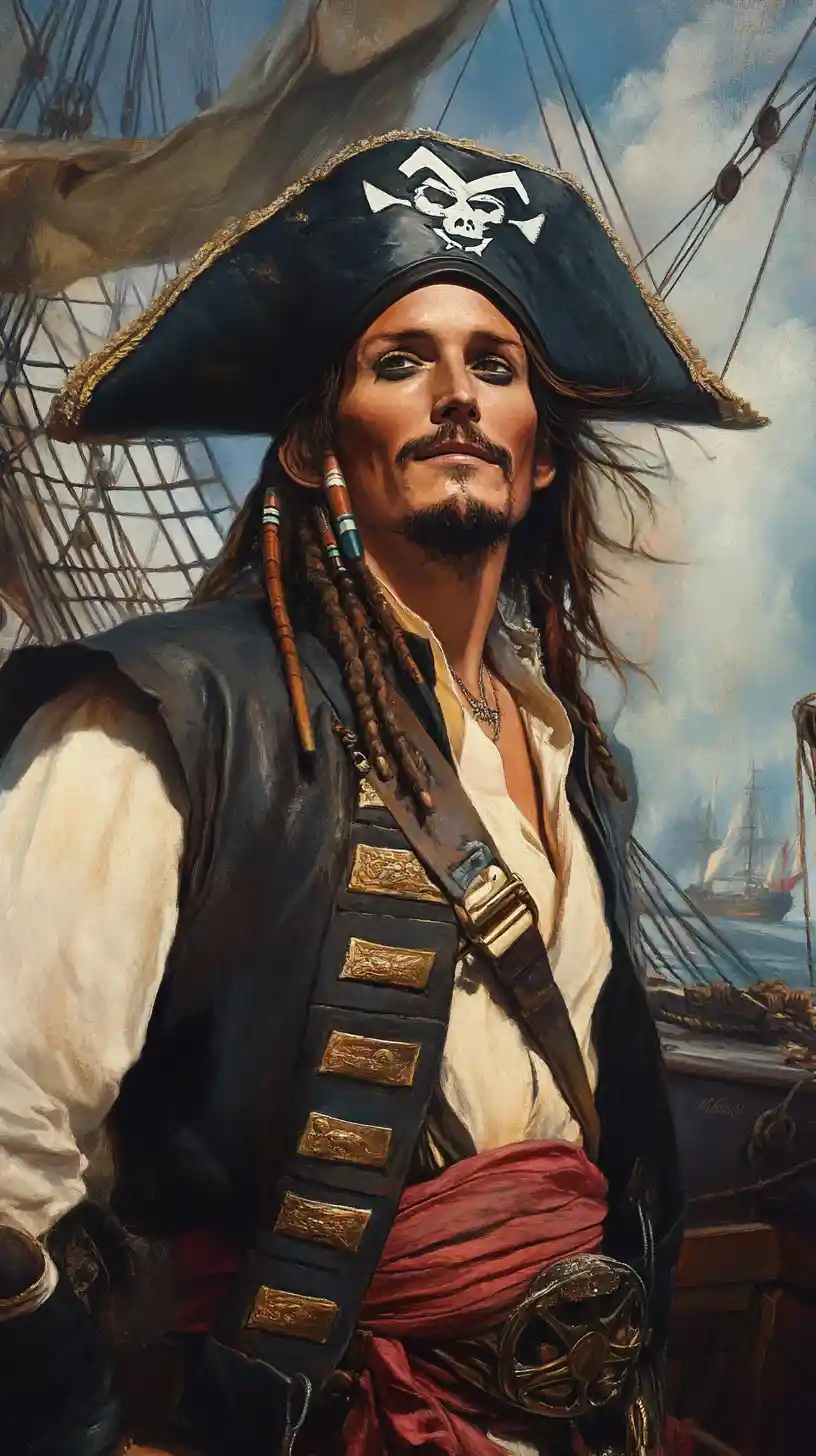 Capitão pirata de fantasia diante de um grandioso veleiro