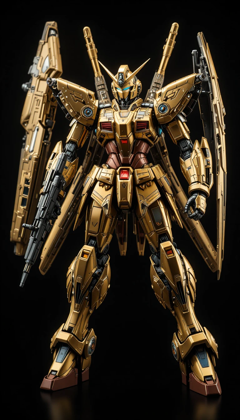 Mecha dourado futurista em pose dinâmica no espaço profundo