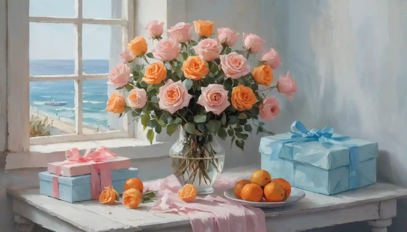 Buquê de rosas e presentes em tons pastéis sobre mesa de madeira branca