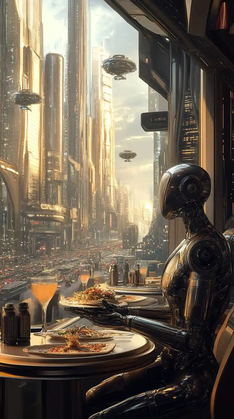 Robot waiters serving floating dishes in futuristic restaurant