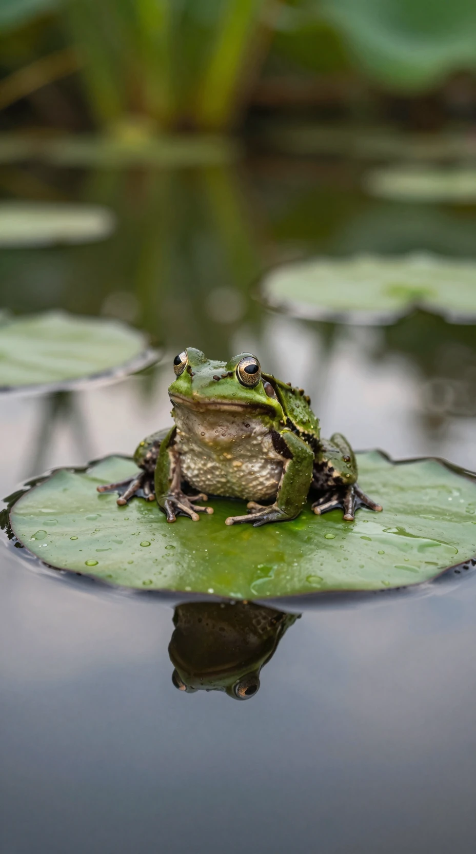Rã descansando em uma folha de lótus em um lago calmo e refletivo