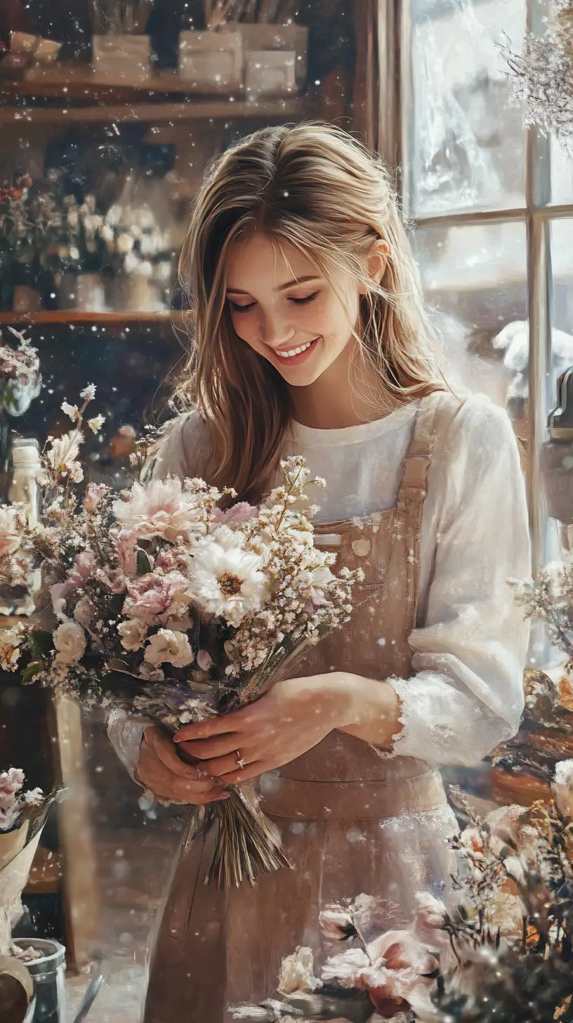 Smiling young woman arranging flowers in a cozy shop