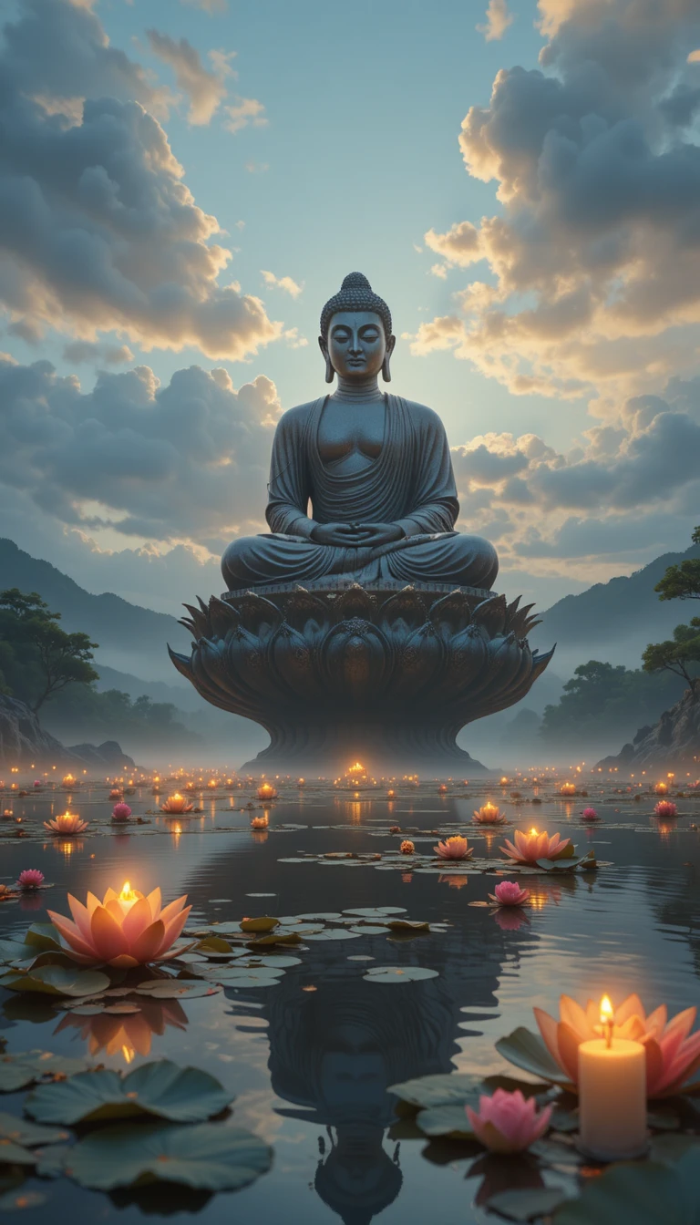 Statue géante de Bouddha flottant sur une paisible rivière de lotus