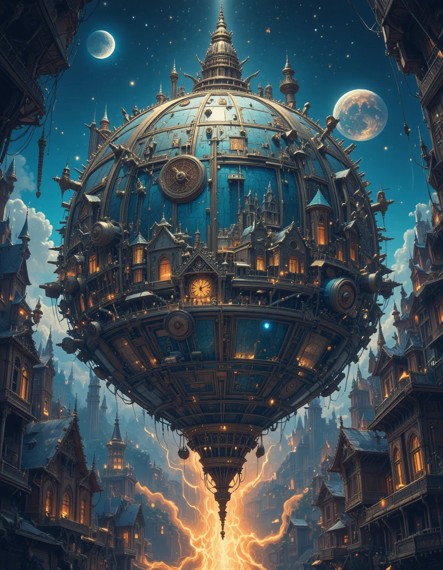 Mondo ad anelli meccanici fluttuanti con città fantastiche luminose