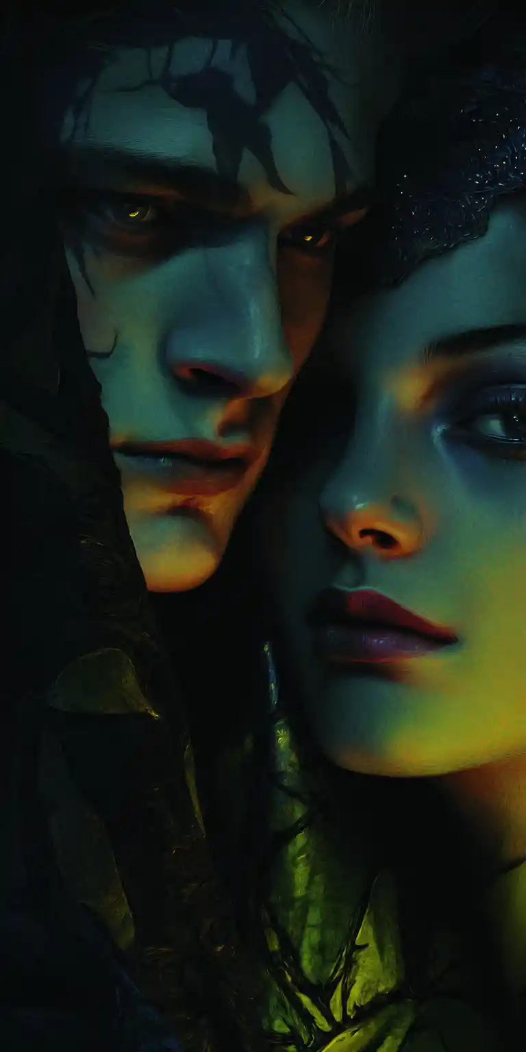 Romantic close up portrait of a haunted fantasy couple