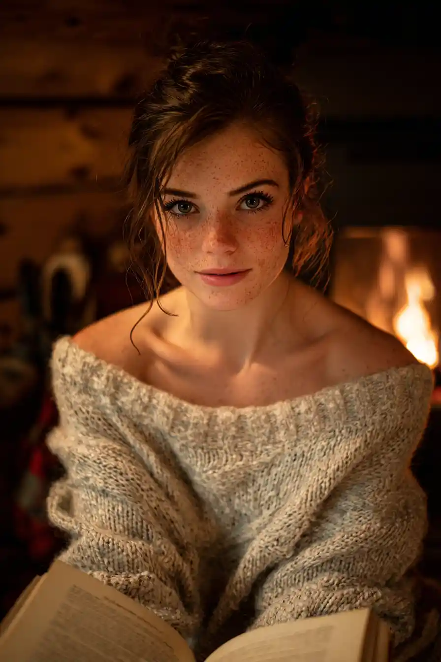 Young woman reading by the fireplace in a cozy cabin