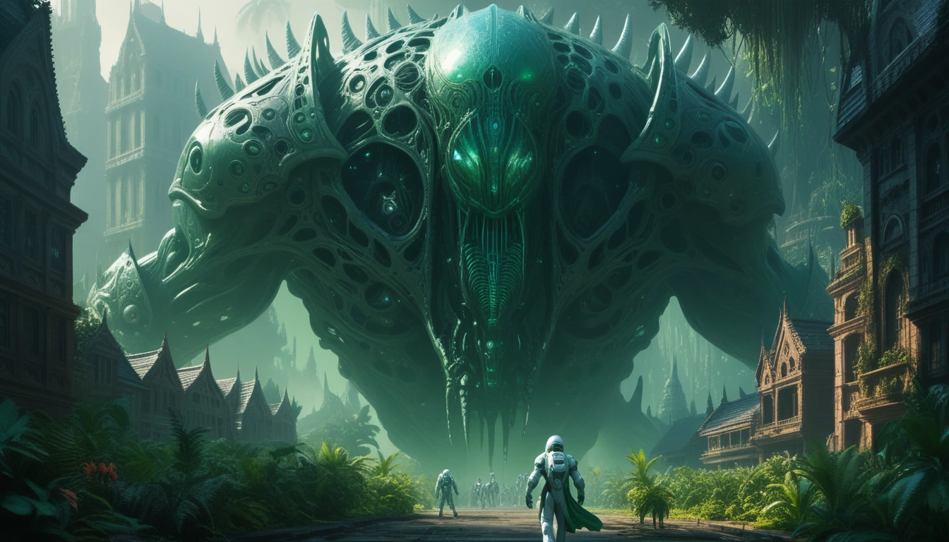 Alien biomécanique gigantesque dominant de minuscules spationautes