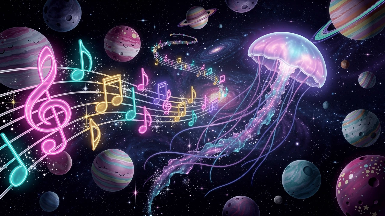 Notas musicais em néon girando por um céu cósmico dos sonhos