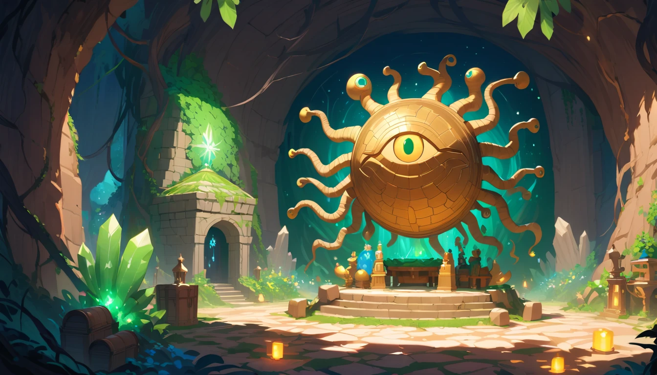 Floating one eyed plant creature above ancient stone altar