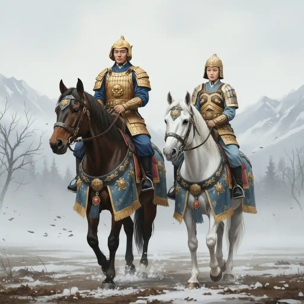 Ancient Chinese marshals in golden armor riding war horses