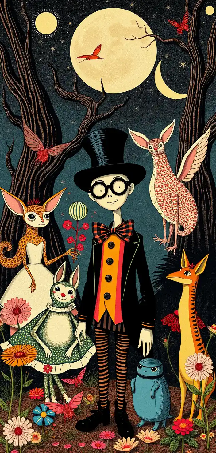 Whimsical fantasy animals in a colorful retro wonderland