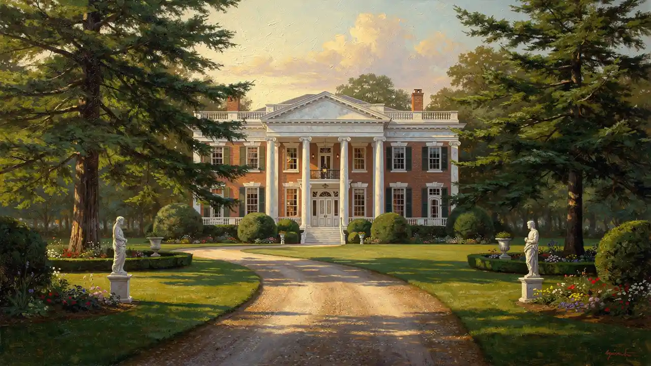 Ölgemälde-Blick auf eine Antebellum-Villa von der Auffahrt aus
