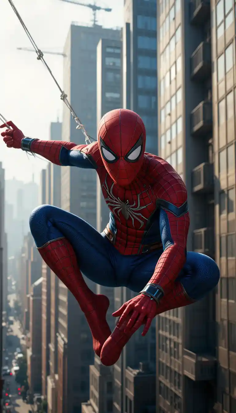 Superhero swinging between skyscrapers in bright city daylight