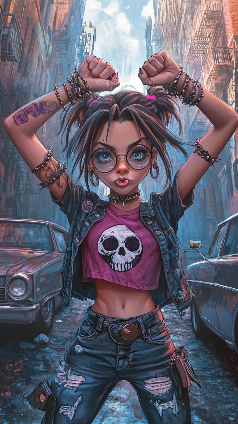 Punk girl throwing a rock gesture in neon city alley