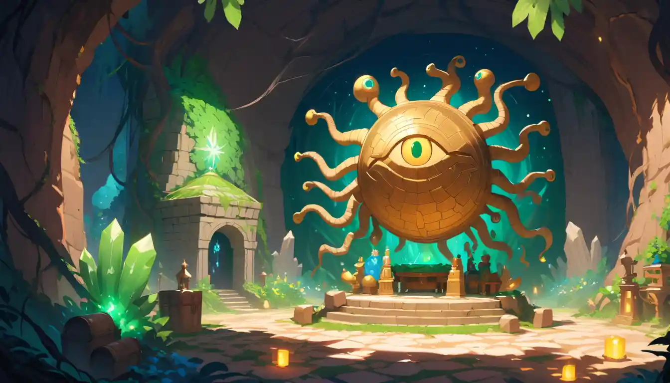 Floating one eyed plant creature above ancient stone altar