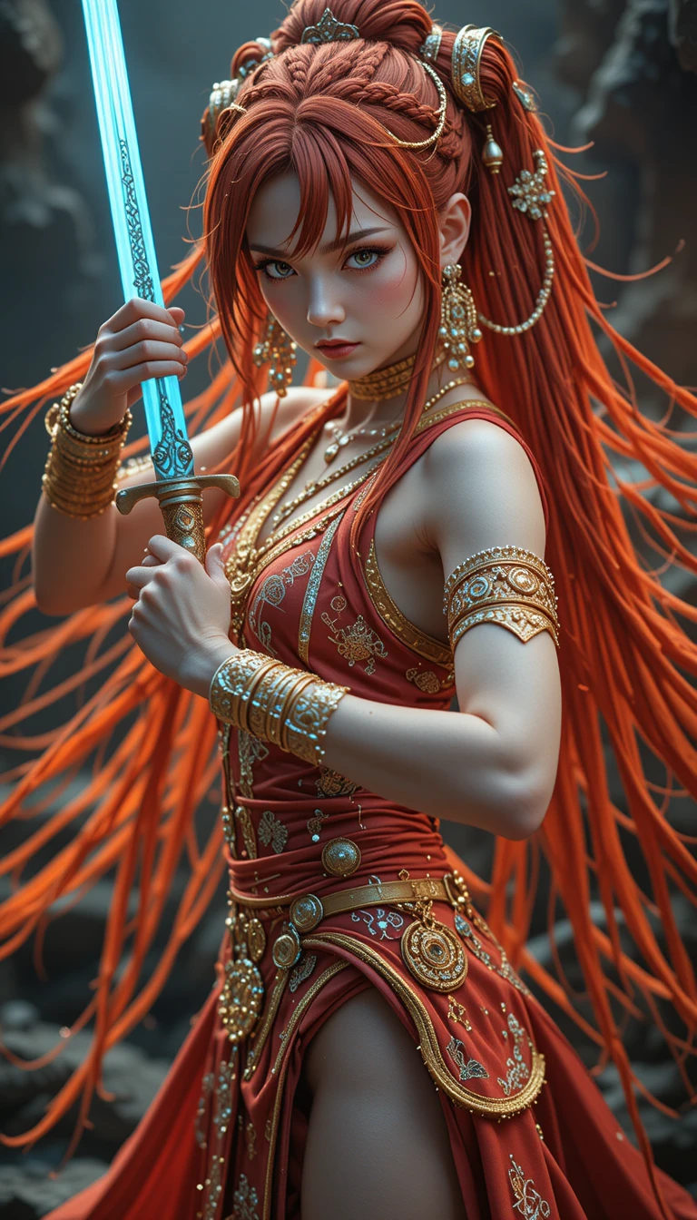 Alien priestess warrior with glowing runes and katana