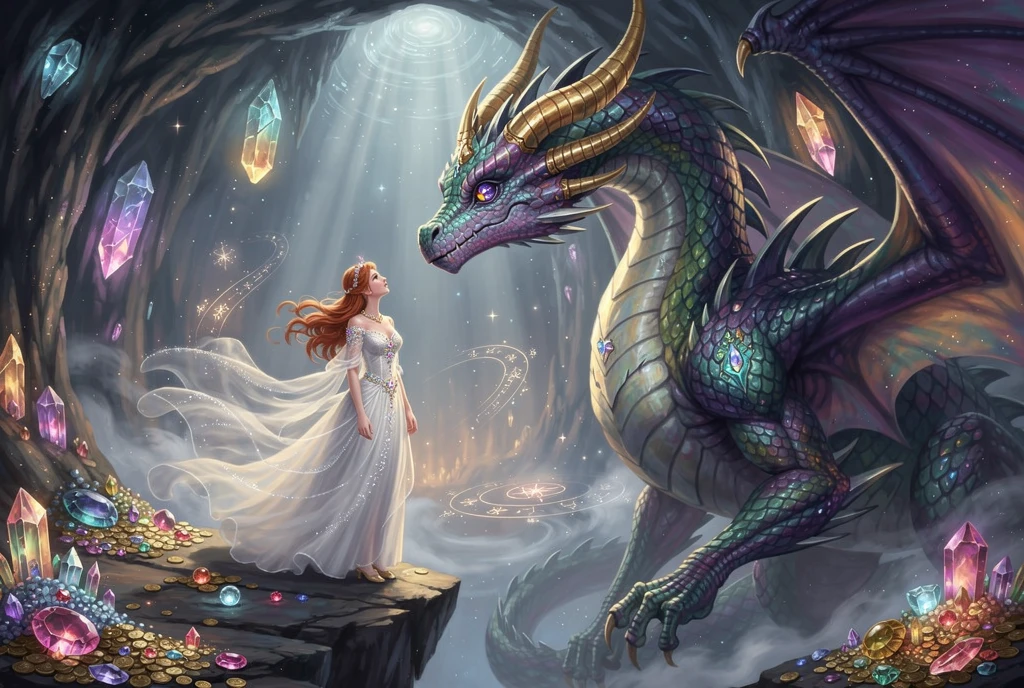 Majestic dragon and woman sharing a gentle cave moment