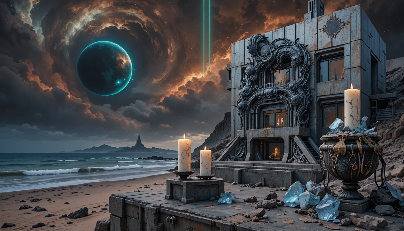 Torre futuristica sul lungomare con cielo oceanico riflesso