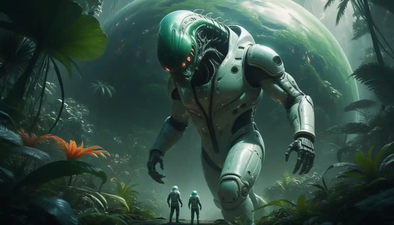 Gigantesco alienígena biomecánico avanzando por un mundo de jungla exuberante