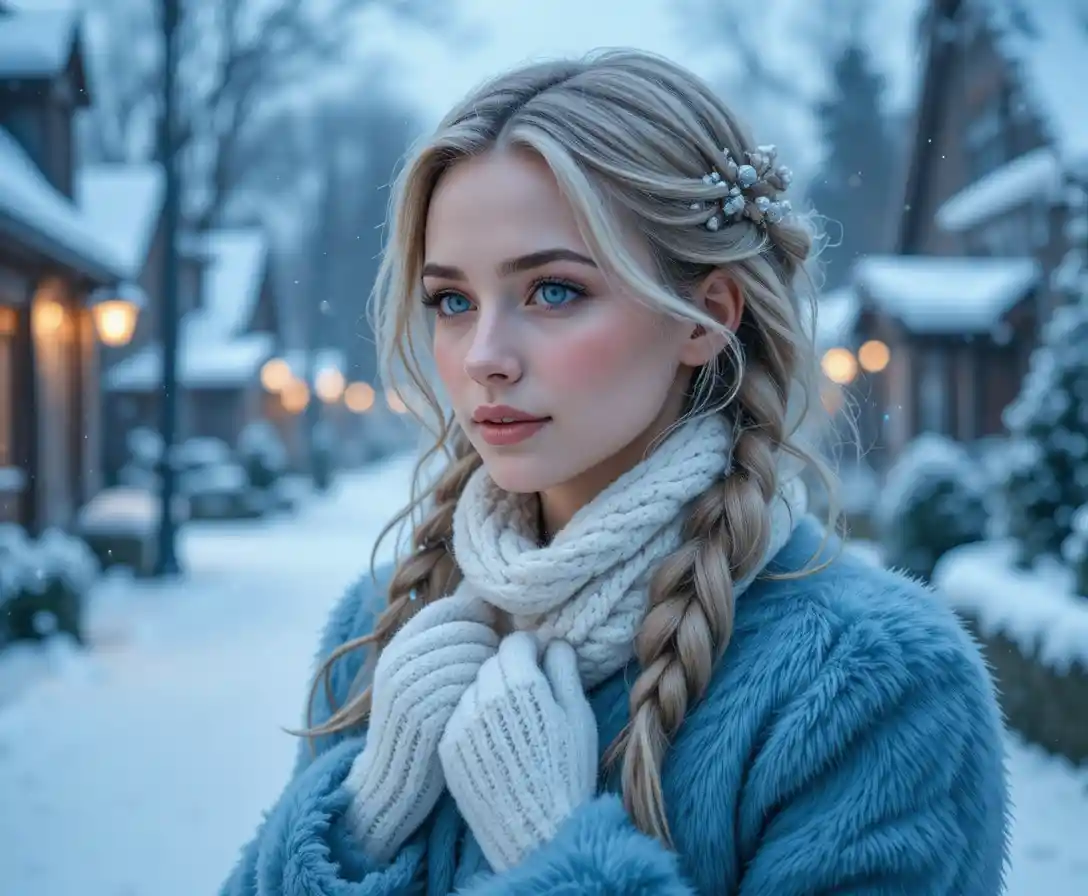 Smiling woman on a snowy village street at dusk