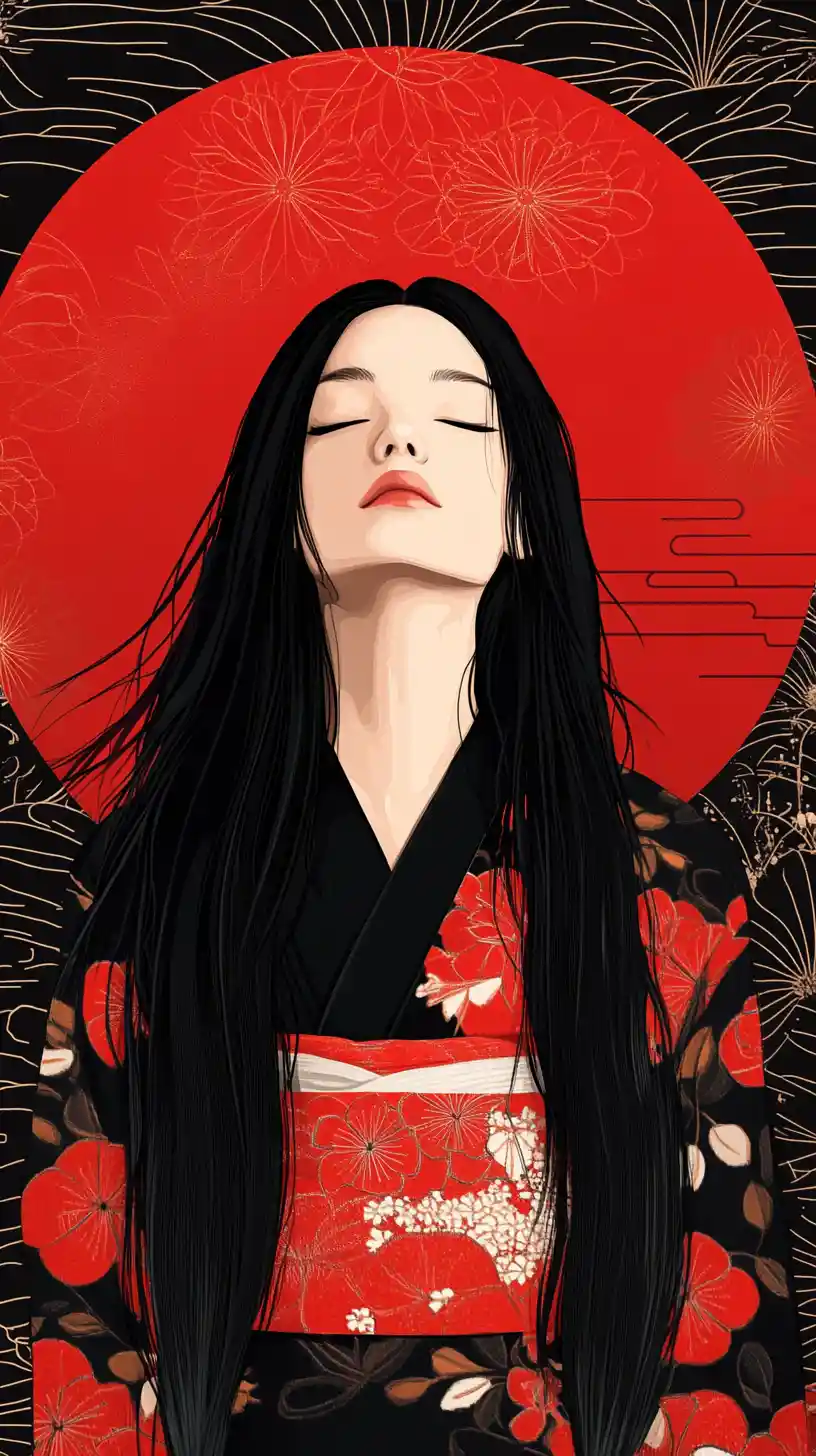 Japanese woman in kimono meditating in minimalist ukiyo e style