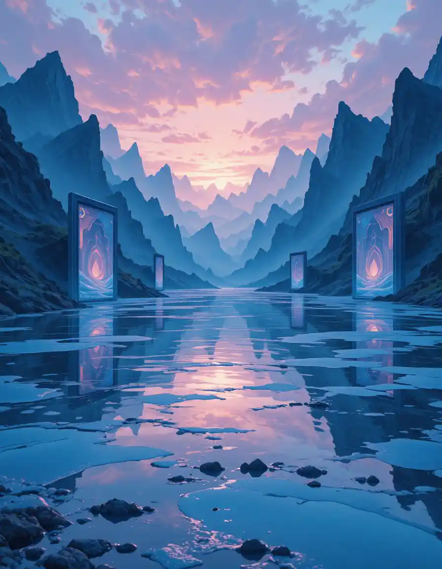 Surreal reflective valley landscape with portals and pastel sky