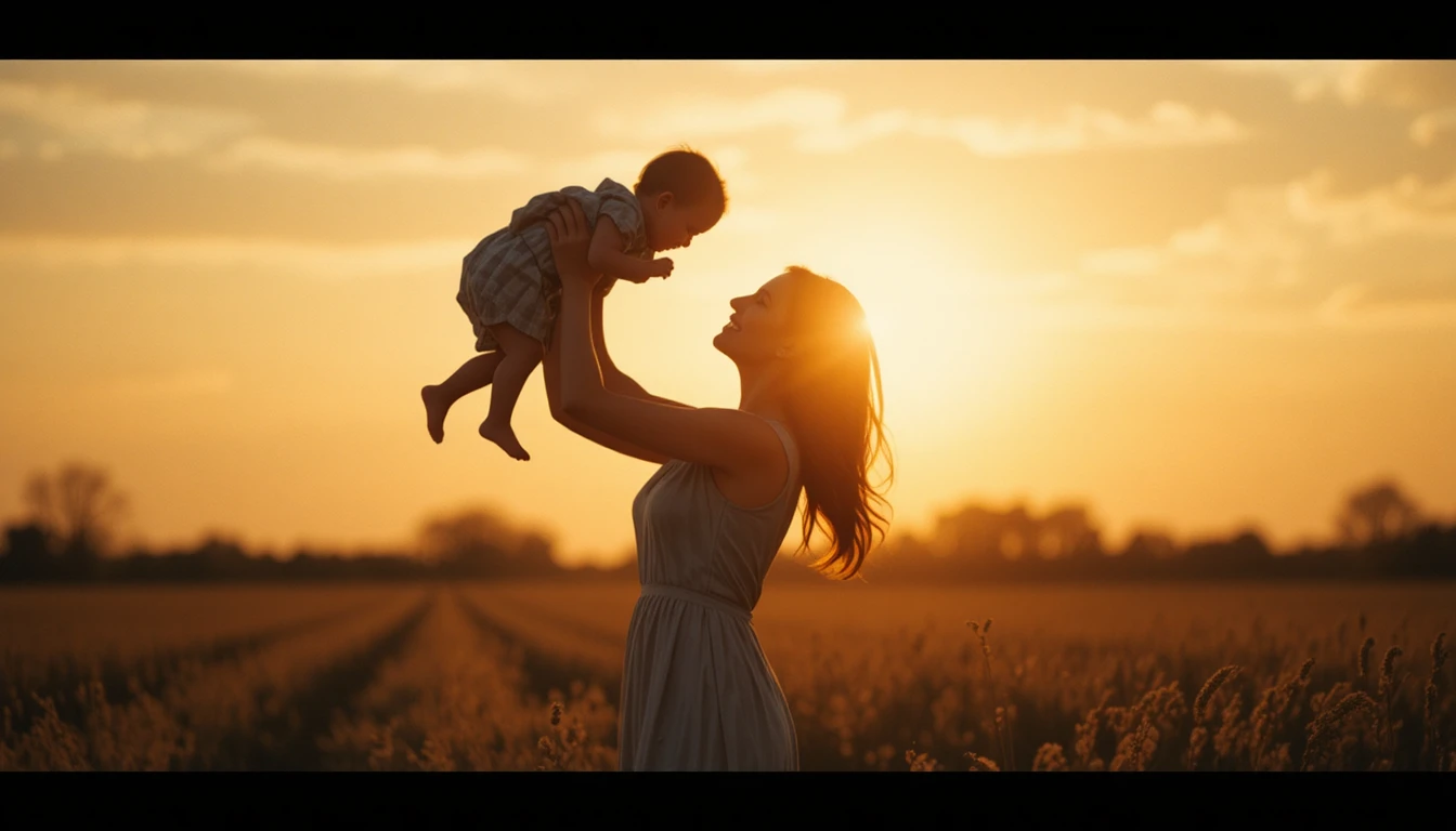 Mother lifting baby in golden hour field silhouette