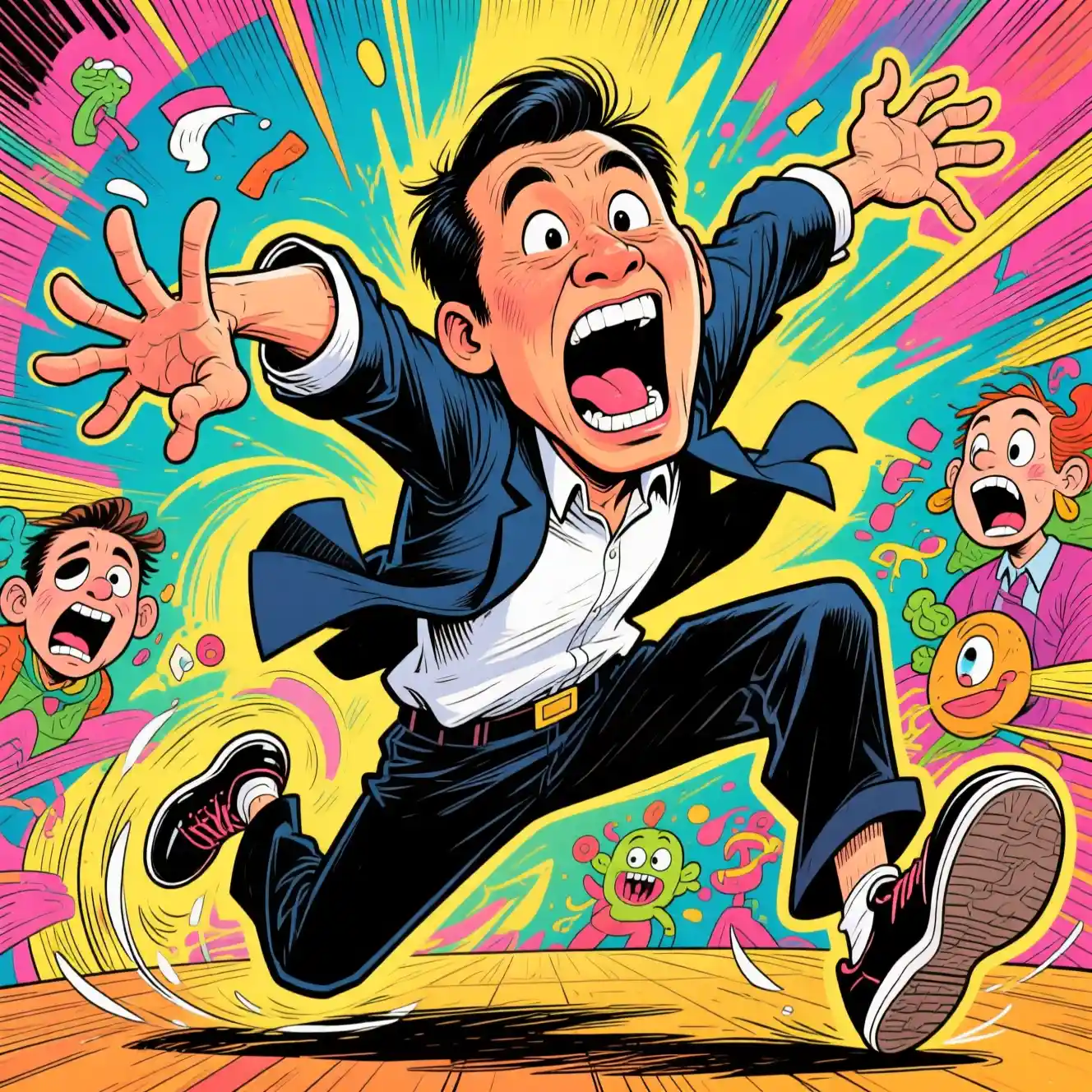 Uomo giocoso in una posa comica dinamica ed esagerata