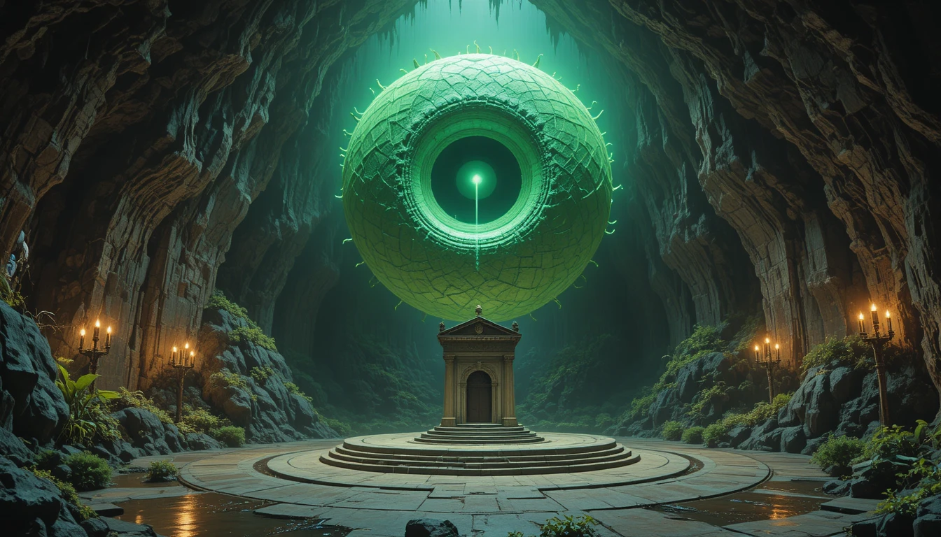 Ominous tentacled eye creature over altar in crystal cave