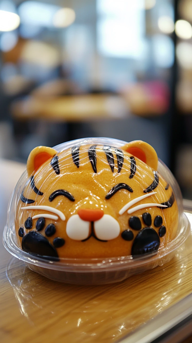 Pão em formato de tigre em embalagem plástica transparente