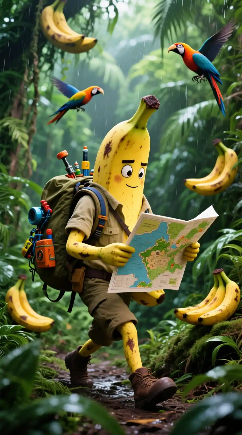 Explorateur banane en randonnée dans une jungle dense avec sac à dos