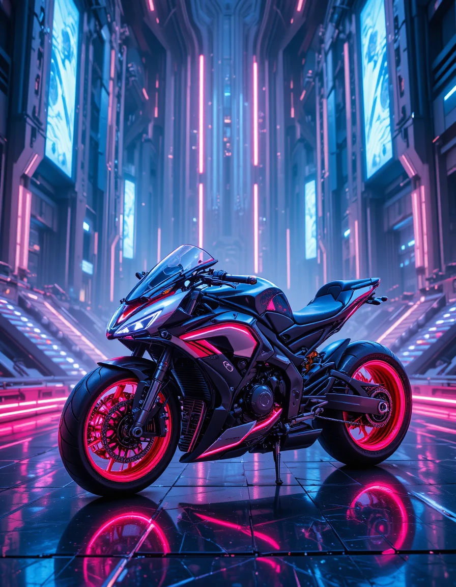 Moto futurista em paisagem urbana sci-fi iluminada por neon