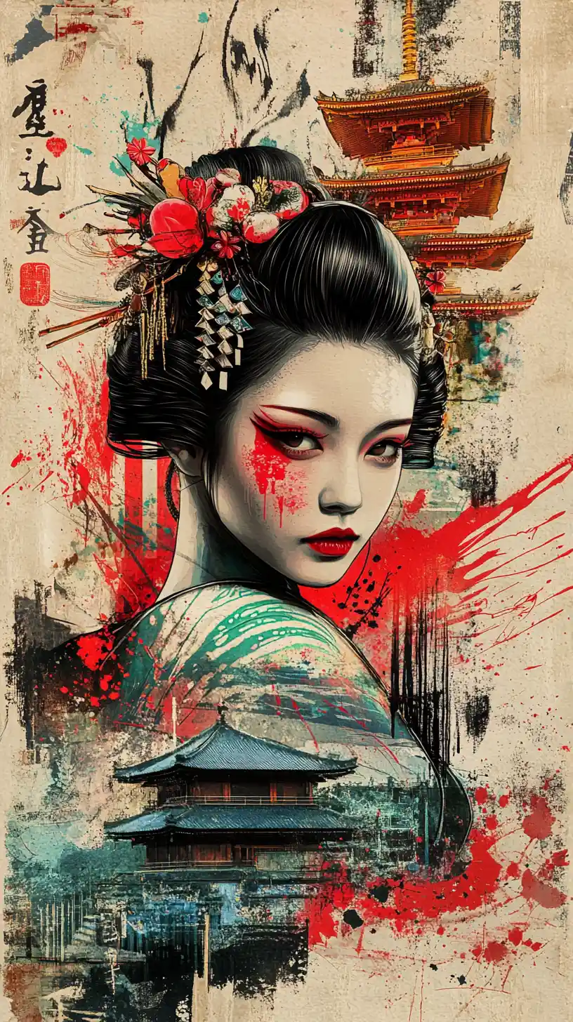 Melancholic Japanese woman amid pagodas waves and calligraphy
