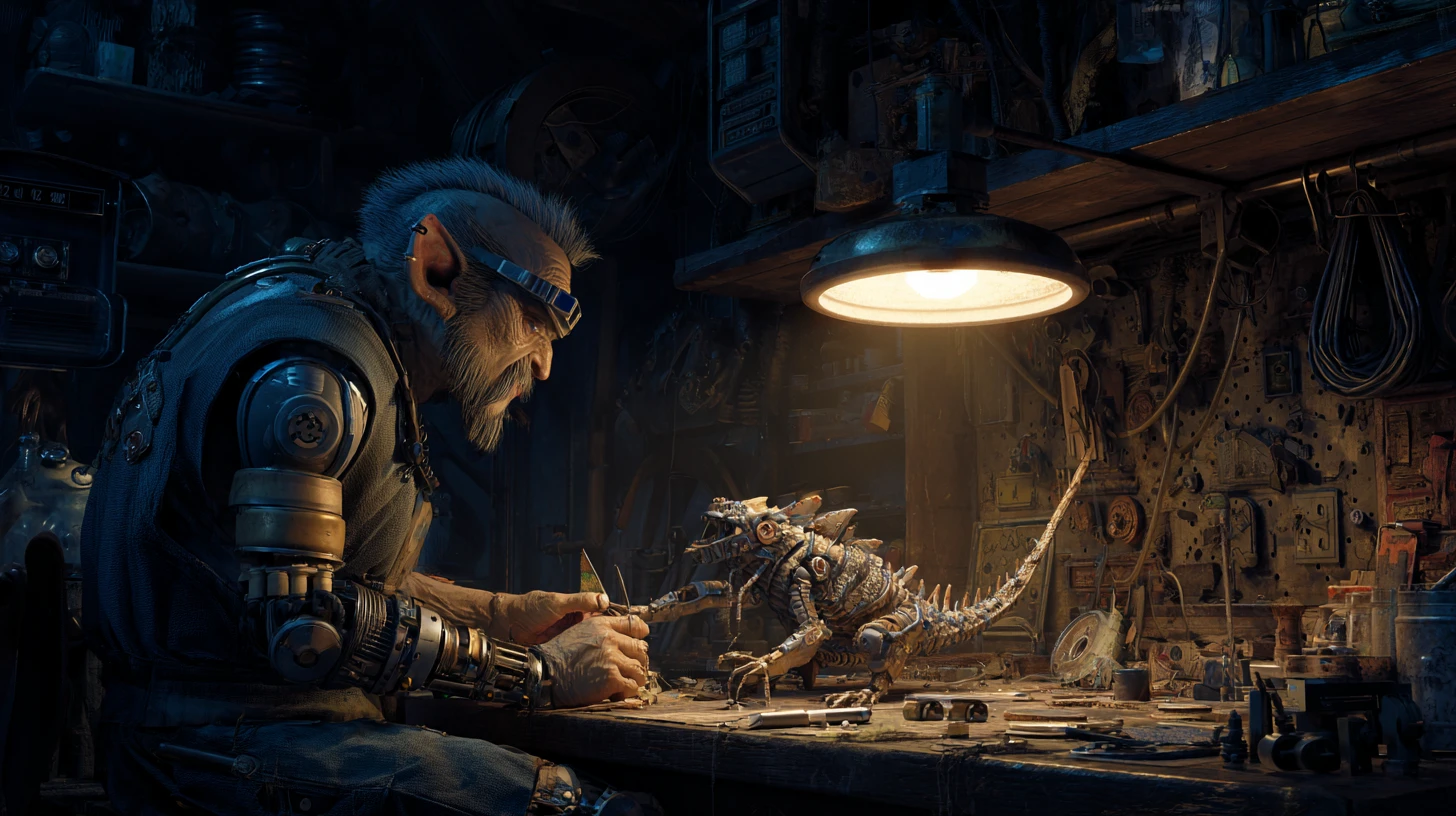Cybernetic imp crafting a tiny clockwork dragon in shadow