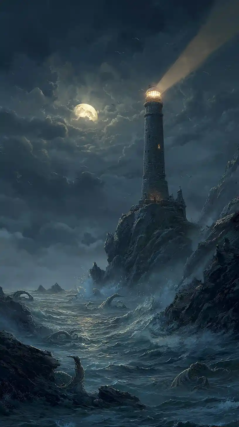 満月の下、荒れた海を見下ろす古代の灯台
