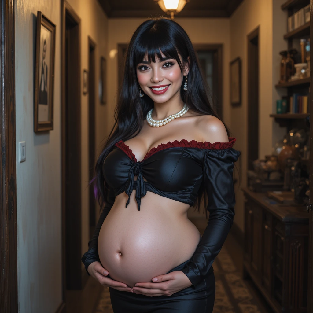Goth Japanese model with long black hair and pregnant belly