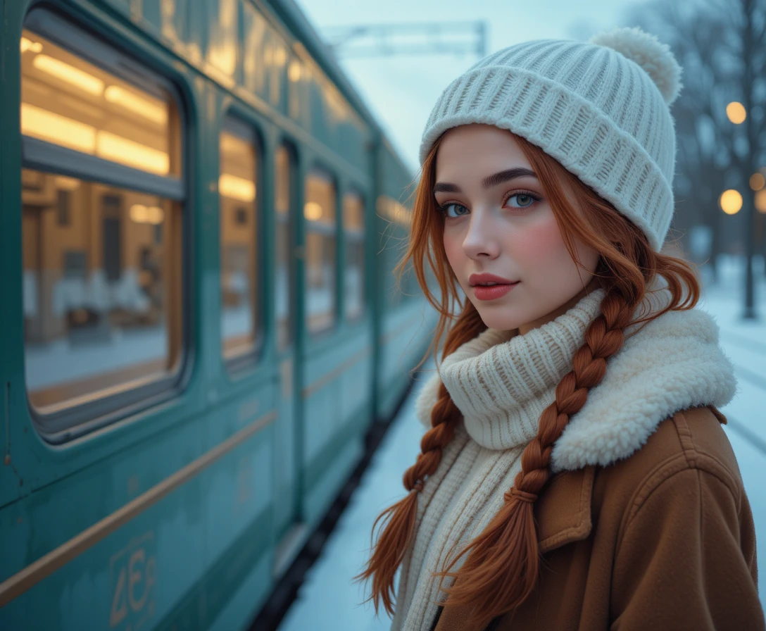 Woman in red braids on snowy winter train platform