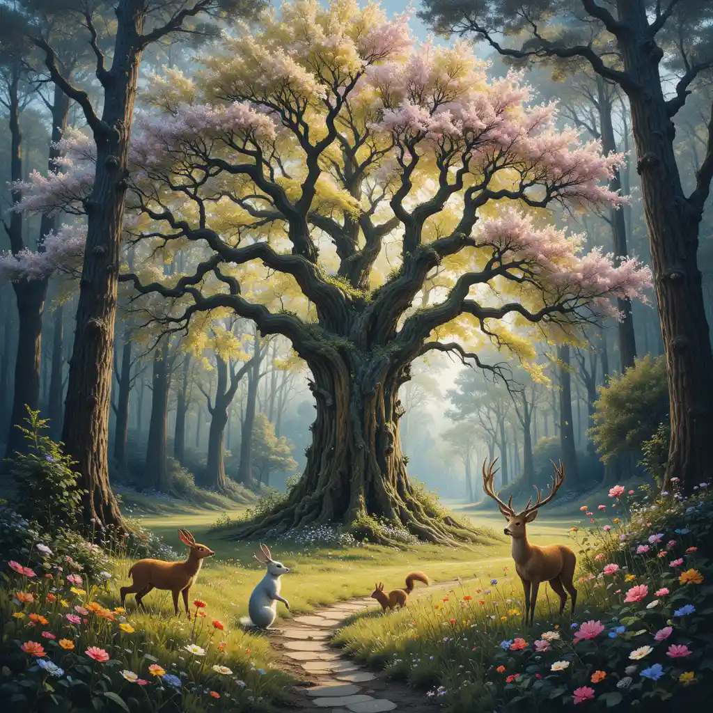 Joyful forest animals playing around a springtime tree
