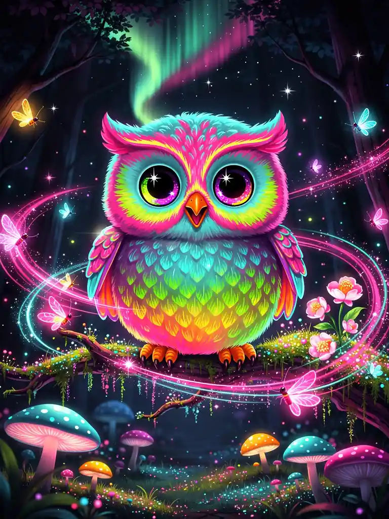 魔幻森林中發光樹枝上的霓虹寶寶貓頭鷹