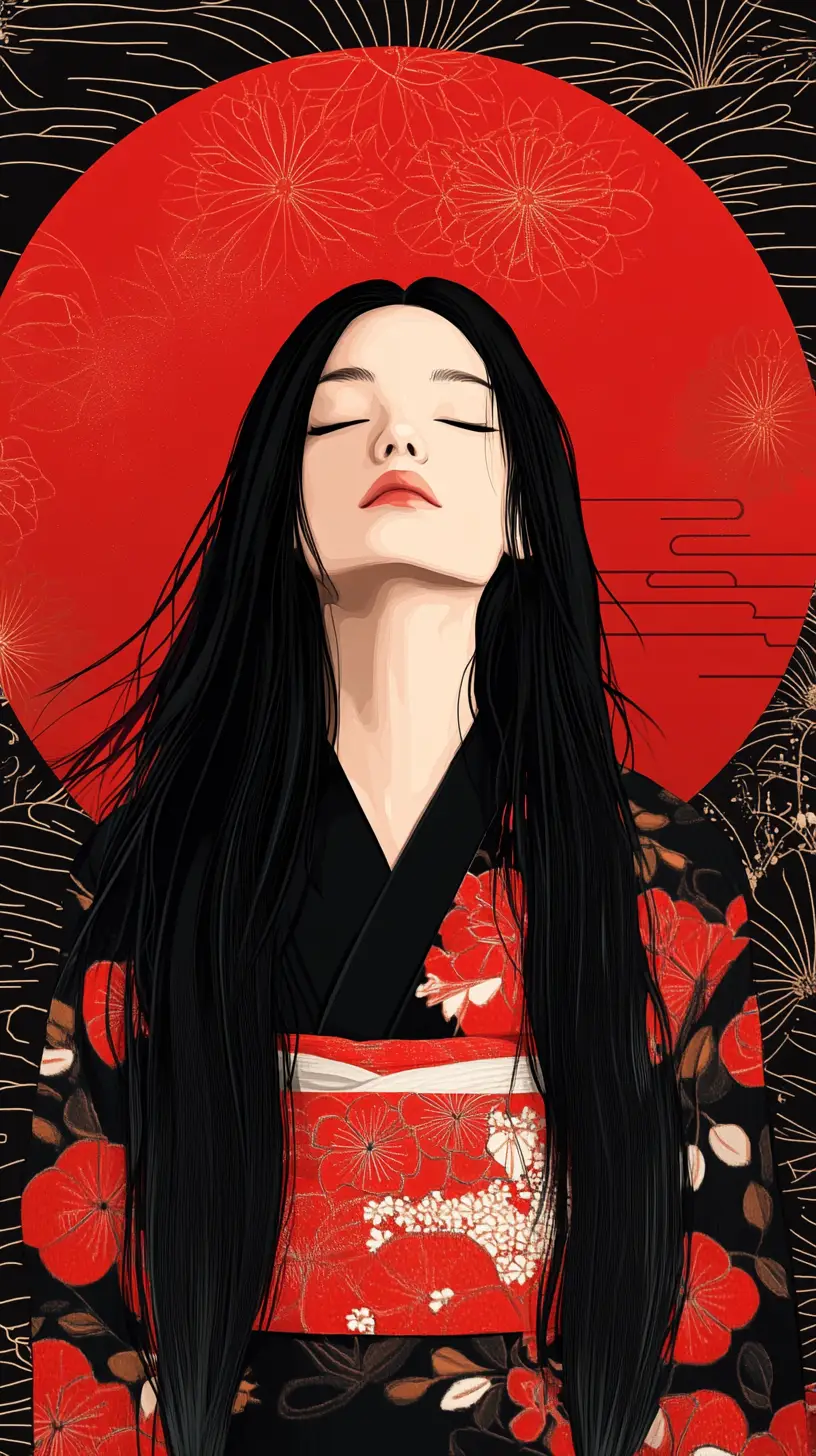Japanese woman in kimono meditating in minimalist ukiyo e style