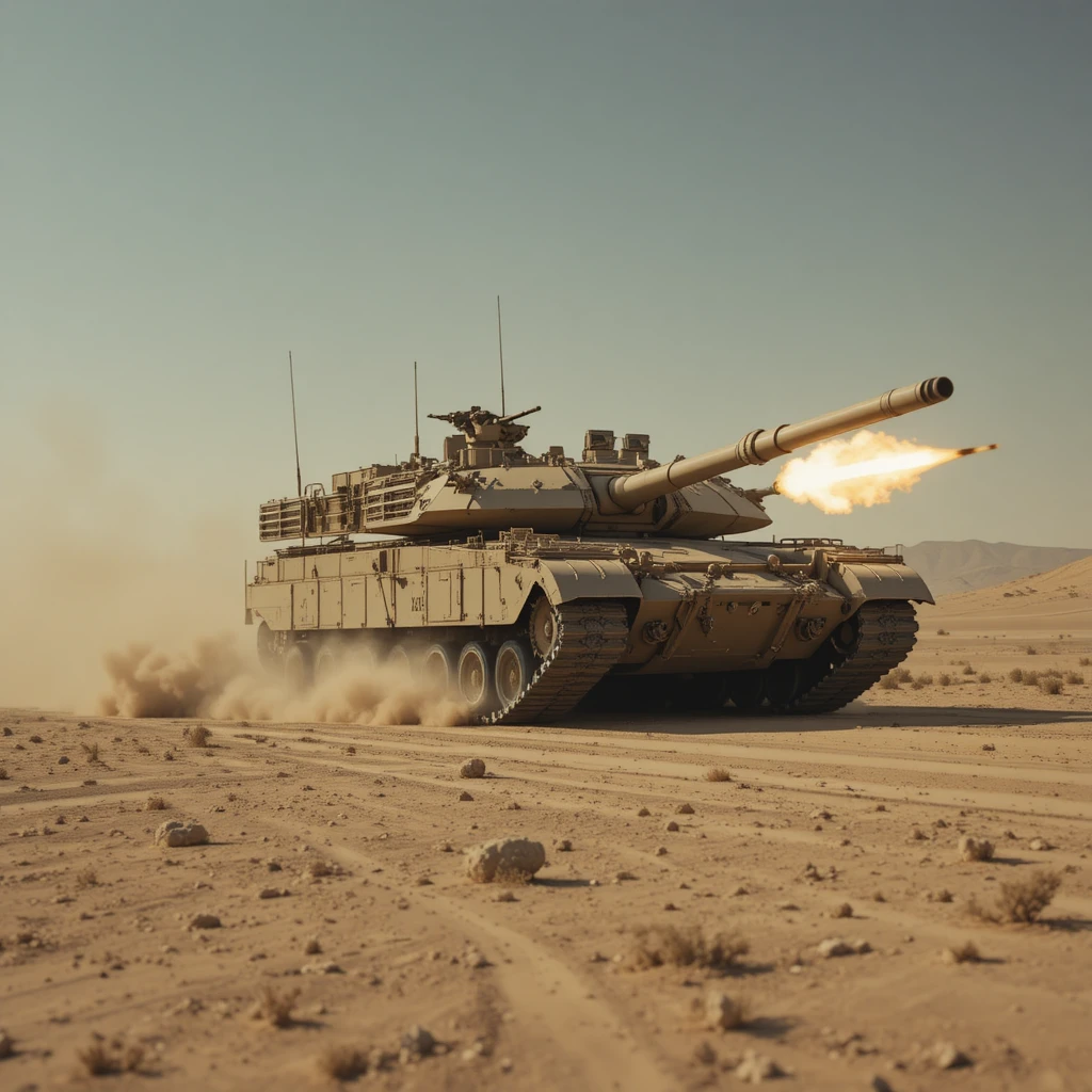 Tanque americano Abrams avançando pelo deserto enquanto dispara