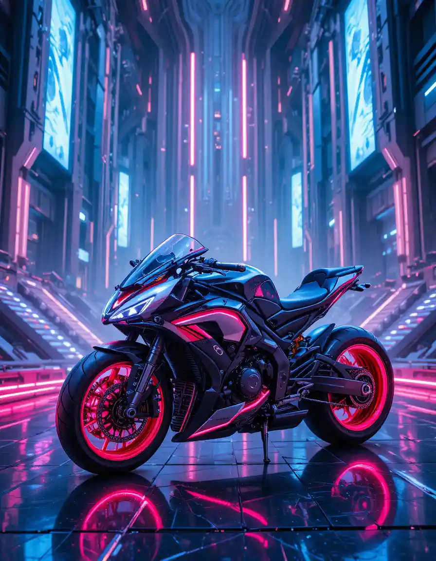Moto futuriste dans un paysage urbain de science‑fiction éclairé au néon
