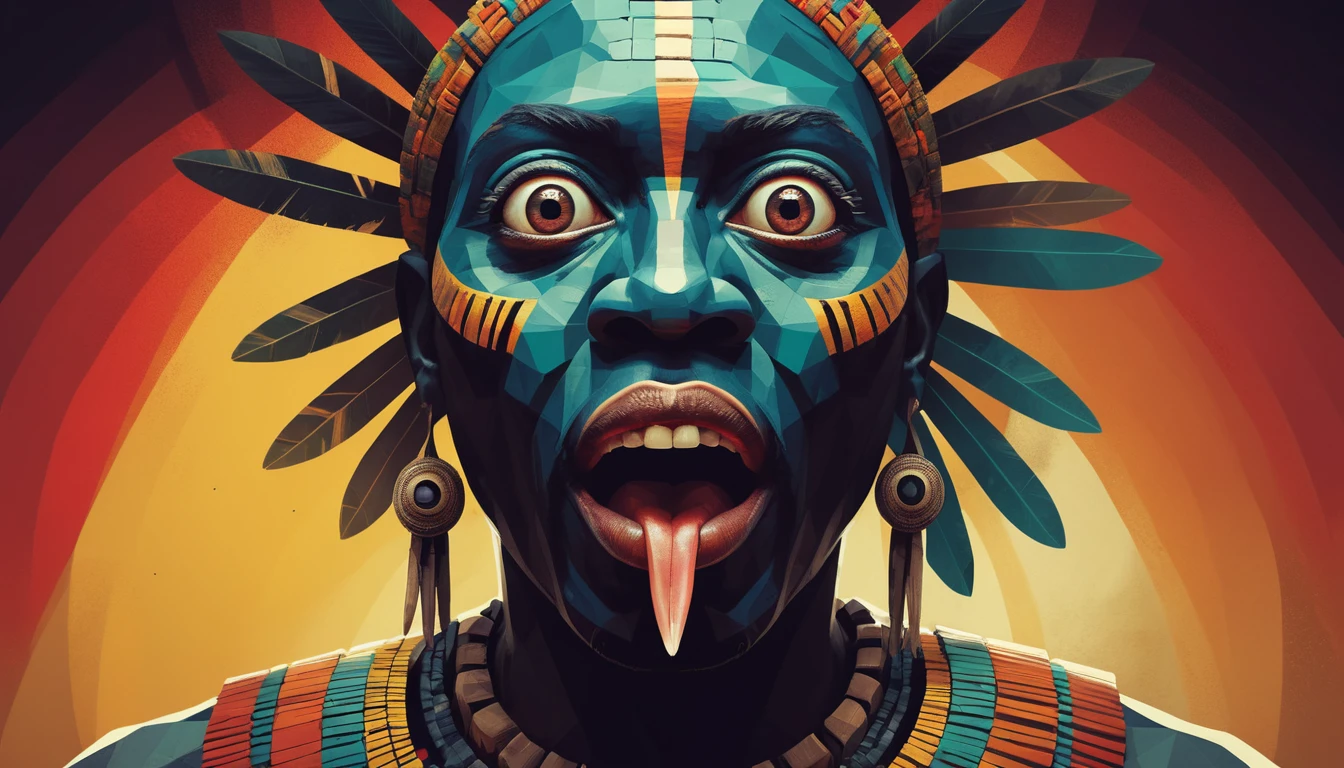 Cartoon character with shocked expression in abstract tribal style