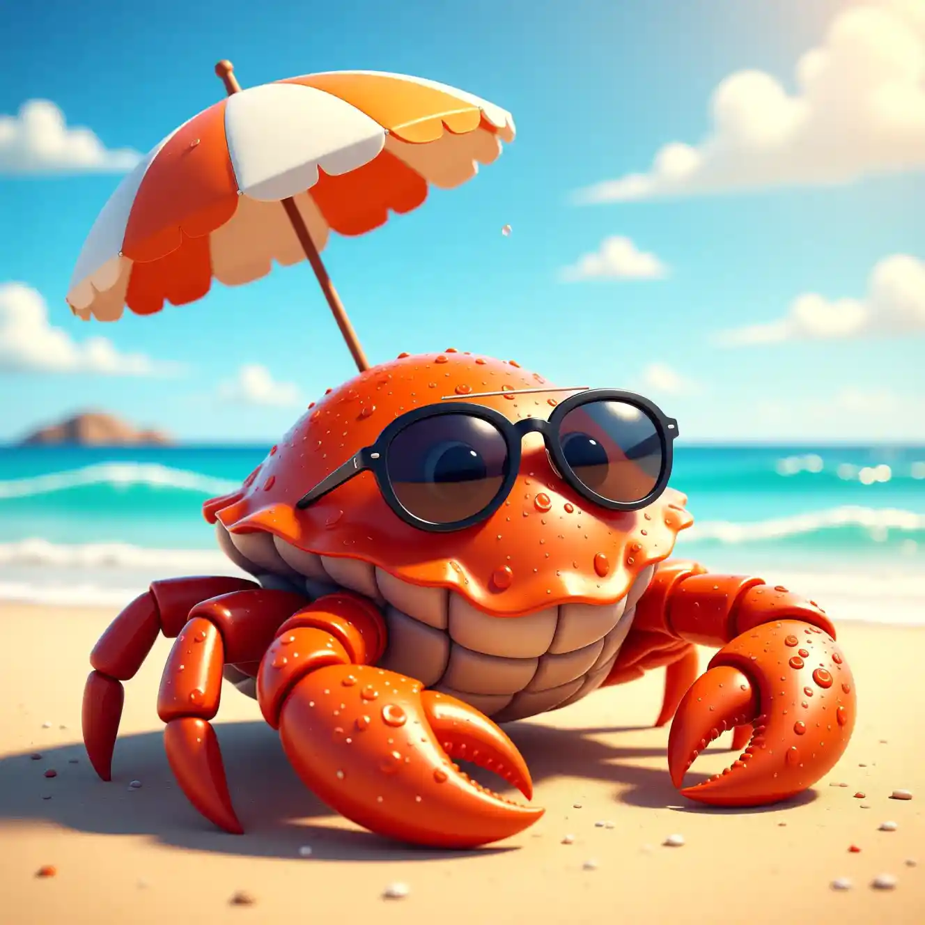 Granchio cartoon che si rilassa sotto un minuscolo ombrellone in spiaggia